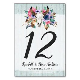 Tarjeta De Mesa Rústico Floral Calavera de vaca Boho Boda Número d