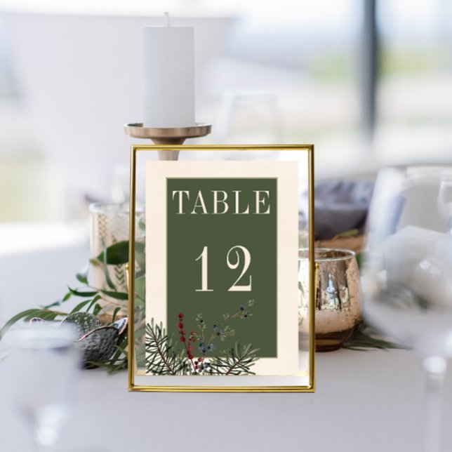 Tarjeta De Mesa Rústico invierno Berries y Boda de crema de pino (Rustic Winter Berries & Pine Cream Wedding Table Number)