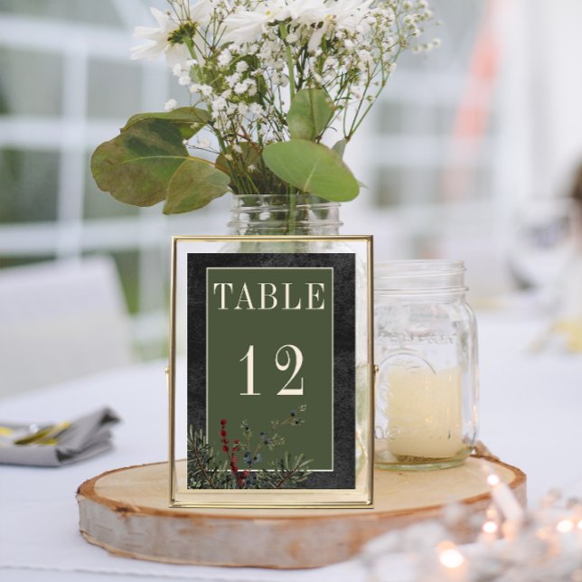 Tarjeta De Mesa Rústico invierno Berries y Boda negro de pino (Rustic winter Berries & Pine Black Wedding Table Numbers)