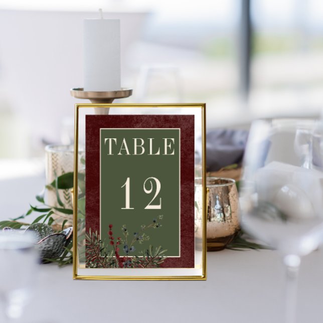 Tarjeta De Mesa Rústico invierno Berries y Pine Burgundy Boda (Rustic Winter Berries & Pine Burgundy Wedding Table Number)