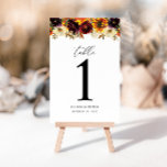 Tarjeta De Mesa Rústico Rosa de girasol Borgoña Boda floral otoño<br><div class="desc">Rosa de girasol rústico moderno Peony Burgundy Red Purple Floral acuarela Otoño Caída País Boda Número de mesa</div>