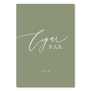 Tarjeta De Mesa Sage Green Calligraphy Boda Cigar Bar Rótulo