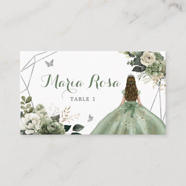 Tarjeta De Mesa Sage Green Floral Geométrica Princesa Quinceañera (Anverso)