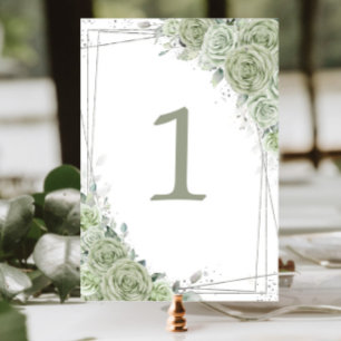 Tarjeta De Mesa Sage Green Floral Silver Cumpleaños Quinceañera