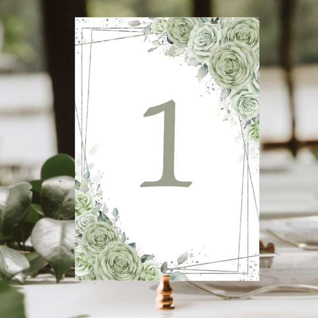Tarjeta De Mesa Sage Green Floral Silver Cumpleaños Quinceañera (Subido por el creador)