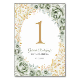 Tarjeta De Mesa Sage Green Gold Floral Quinceanera