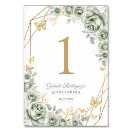 Tarjeta De Mesa Sage Green Gold Floral Quinceanera