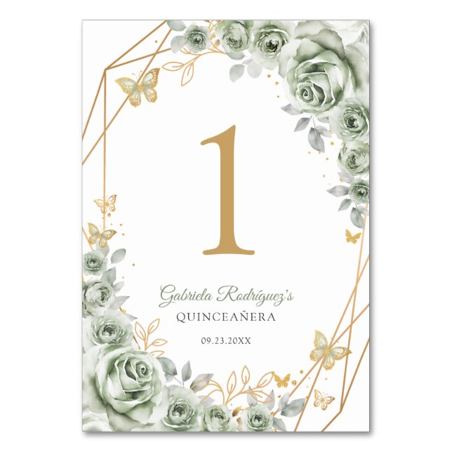 Tarjeta De Mesa Sage Green Gold Floral Quinceanera (Anverso)