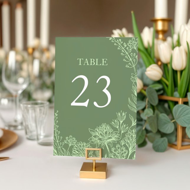 Tarjeta De Mesa Sage Green Hand Drake Floral Boda (Sage Green Invitation with hand drawn florals table number)