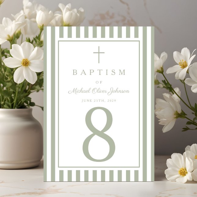 Tarjeta De Mesa Sage Green Religious Cross Boy Baptism (Sage Green Religious Cross Boy Baptism Table Number)