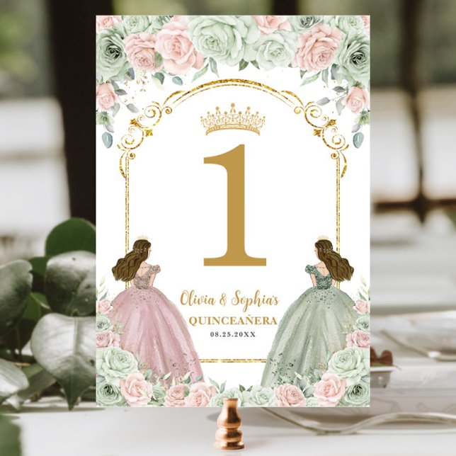 Tarjeta De Mesa Sage Green Rubor Floral Twins Quinceanera (Subido por el creador)
