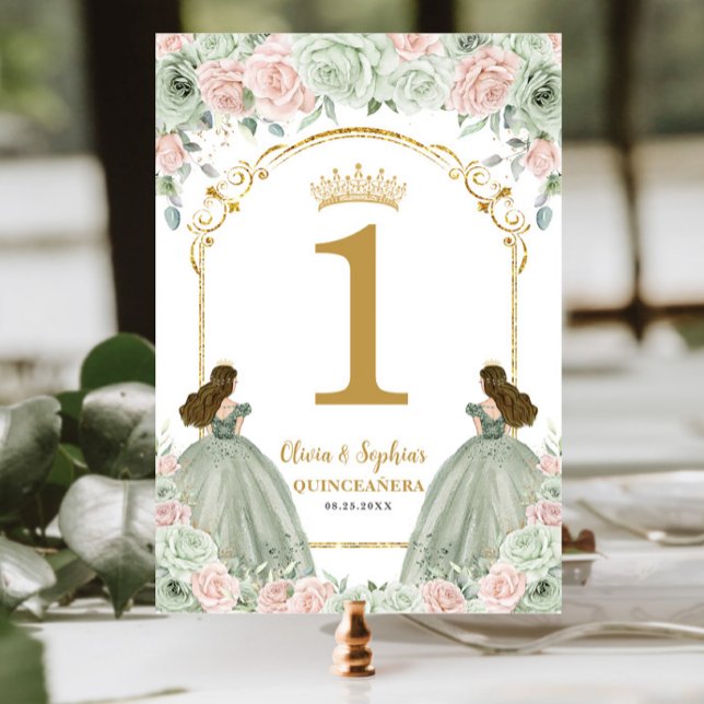 Tarjeta De Mesa Sage Green Rubor Floral Twins Quinceanera Cumpleañ (Subido por el creador)