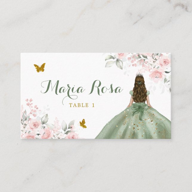 Tarjeta De Mesa Sage Green Rubor Pink Floral Princesa Quinceañera (Anverso)