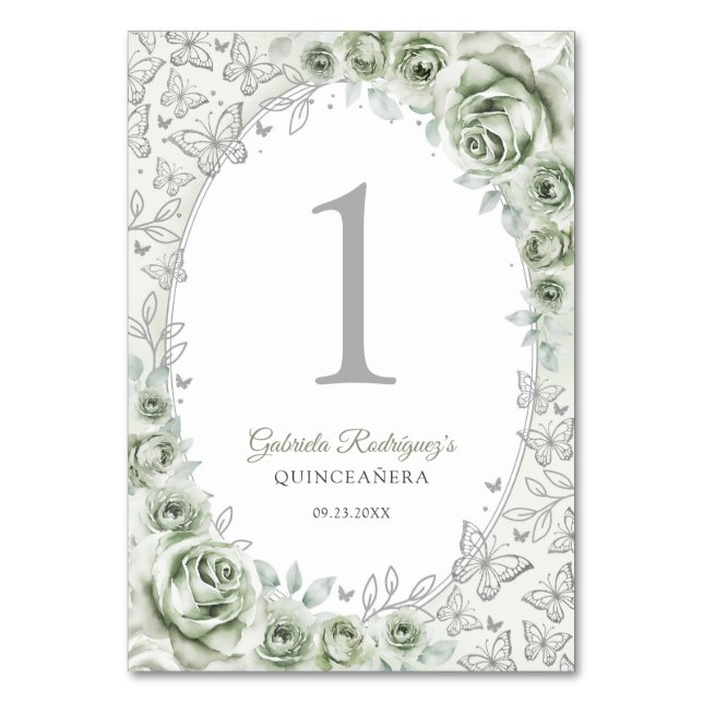 Tarjeta De Mesa Sage Green Silver Floral Quinceanera (Anverso)
