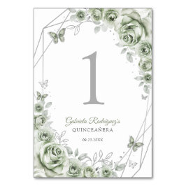 Tarjeta De Mesa Sage Green Silver Floral Quinceanera