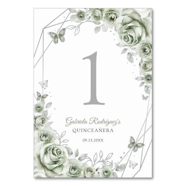 Tarjeta De Mesa Sage Green Silver Floral Quinceanera (Anverso)