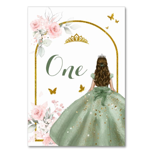 Tarjeta De Mesa Sage Green Vress Gold Royale Princesa XV Años (Anverso)