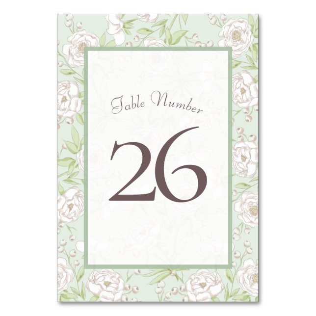 Tarjeta De Mesa Sage Green White Rose Wedding Table Number (Anverso)