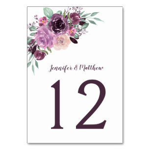 Tarjeta De Mesa Sangria Púrpura Malva Acuarela Floral  