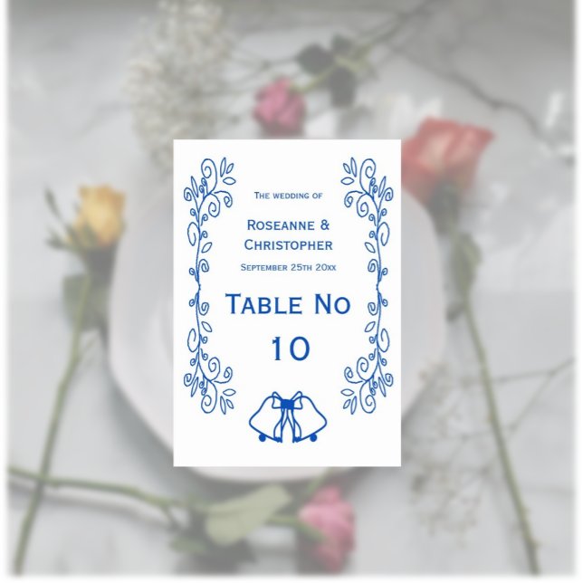 Tarjeta De Mesa Sapphire Boda Table Card Bells Scrowork (Sapphire wedding table number card bells and scrollwork design)