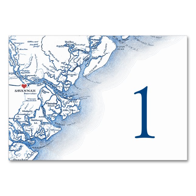 Tarjeta De Mesa Savannah Georgia Map Elegy Navy Blue Boda (Anverso)