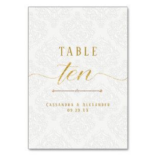 Tarjeta De Mesa Script Elegante Boda de oro de encaje blanco Diez