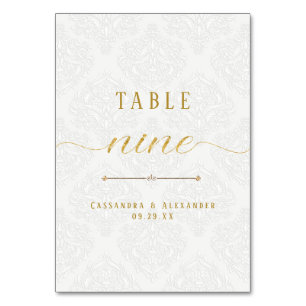 Tarjeta De Mesa Script Elegante Encaje Blanco Boda Nueve 9