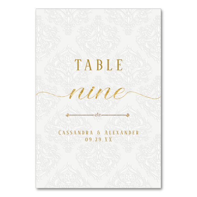 Tarjeta De Mesa Script Elegante Encaje Blanco Boda Nueve 9 (Anverso)