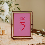 Tarjeta De Mesa Script manuscrito Whimsy Pink Red Custom Wedding<br><div class="desc">Añade un toque personal y divertido a tu recepción de bodas con nuestro número de mesa de Personalizado Whimsy manuscrito en rosa y rojo. Este moderno diseño cuenta con un encantador guión manuscrito y colores vivos, lo que lo convierte en una deliciosa adición a su decoración boda. ¡Guíe a sus...</div>