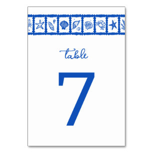 Tarjeta De Mesa Seashell Grid Beach Wedding Blue White PERSONALIZA