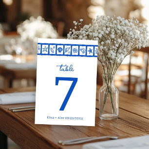 Tarjeta De Mesa Seashell Grid Beach Wedding Blue White PERSONALIZA