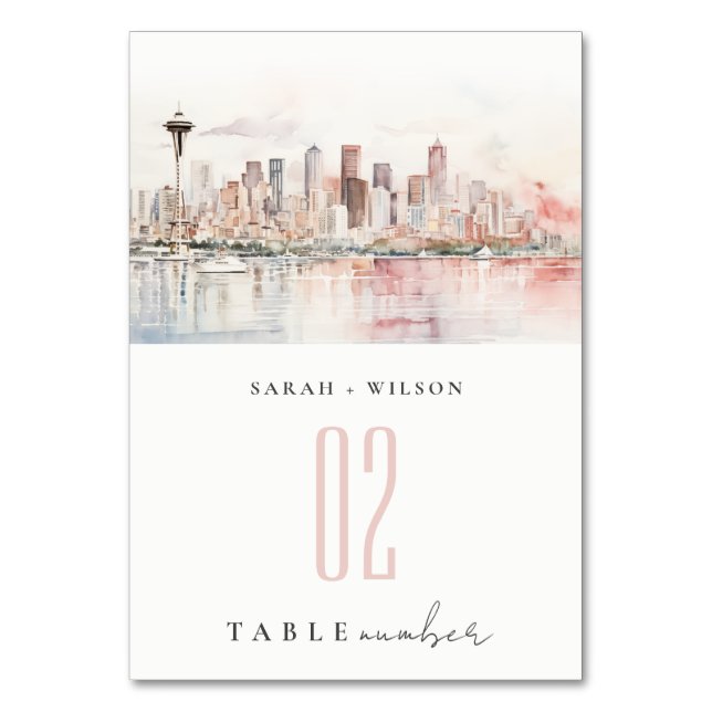 Tarjeta De Mesa Seattle, Washington Watercolor Landscape Wedding (Anverso)