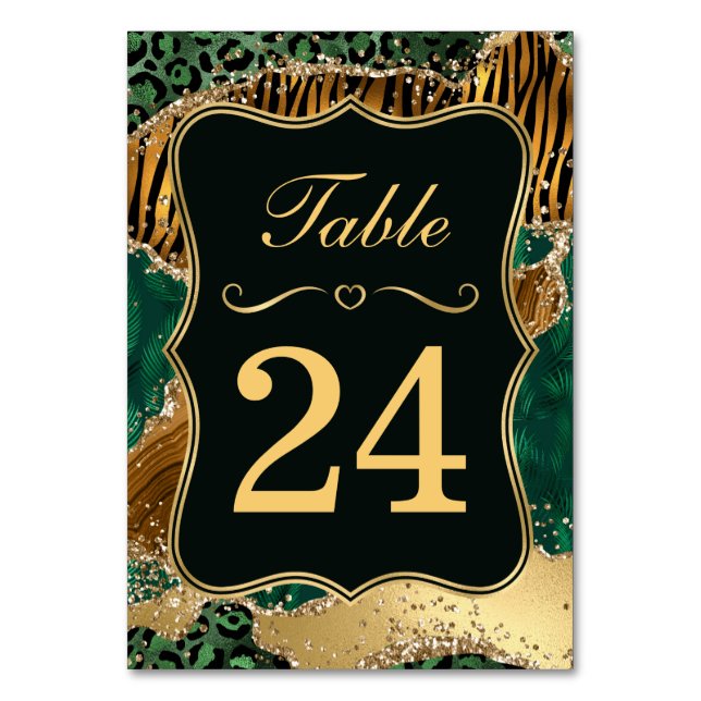 Tarjeta De Mesa Selva Safari Verde Purpurina Boda Número de tabla (Anverso)