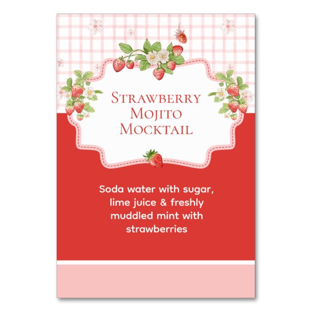 Tarjeta De Mesa Señal de Bebida de Fresa Mocktails o Cócteles (Anverso)
