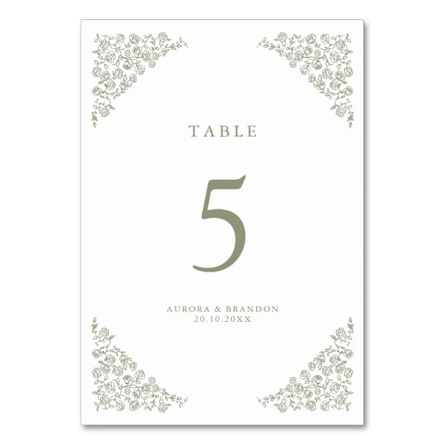 Tarjeta De Mesa Sencillo Boda Verde Floral Timeless Floral (Anverso)