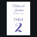 Tarjeta De Mesa Sencillo y moderno polvoriento blanco elegante bod<br><div class="desc">Tarjeta de número de tabla minimalista simple y elegante con un elegante guión de color púrpura perwinkle sobre un fondo clásico blanco. Personalizable fácil con los nombres de la novia y del novio, la fecha del boda y el número de la tabla. Para mayor personalización o pedidos de personalizados, no...</div>