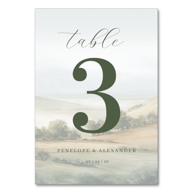Tarjeta De Mesa Serene Olive Landscape Table Number (Anverso)