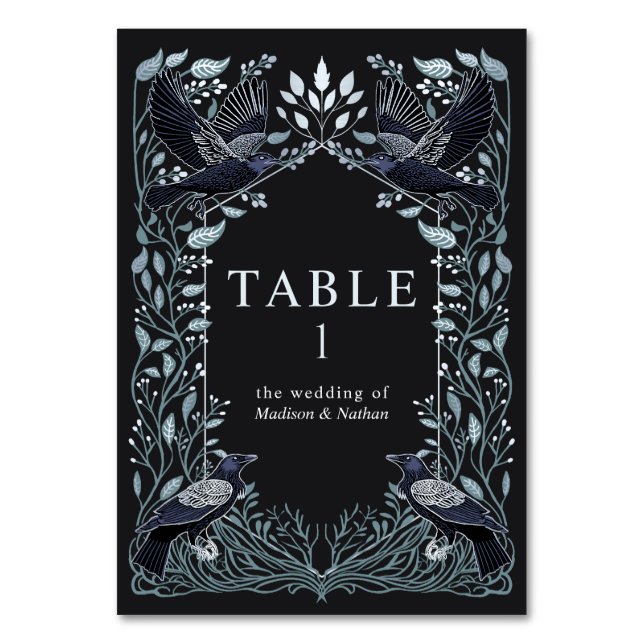 Tarjeta De Mesa Silver Enchanted Gothic Raven Floral Wedding (Anverso)