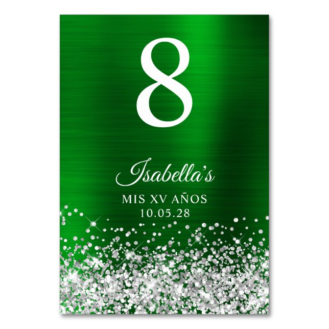 Tarjeta De Mesa Silver Glitter Green Foil Mis XV Anos (Anverso)