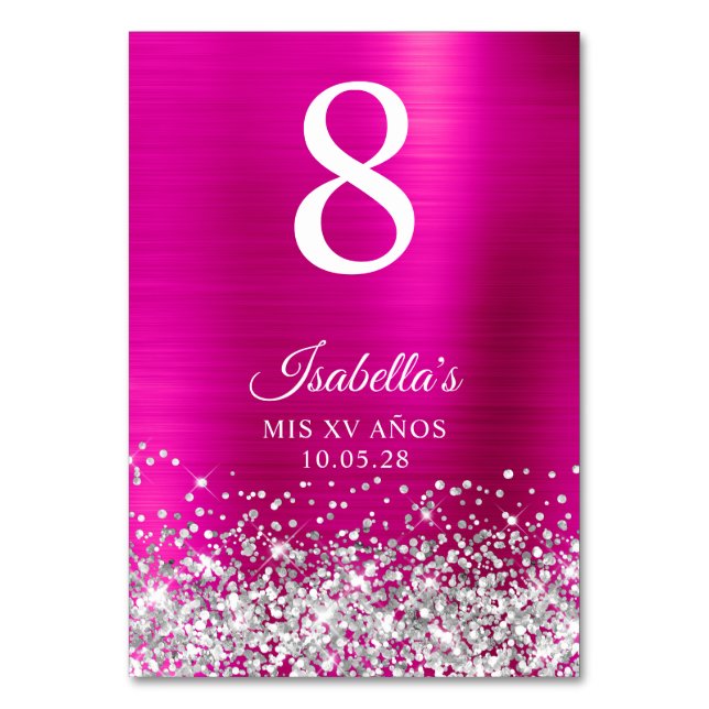 Tarjeta De Mesa Silver Glitter Hot Pink Foil Mis XV Anos (Anverso)