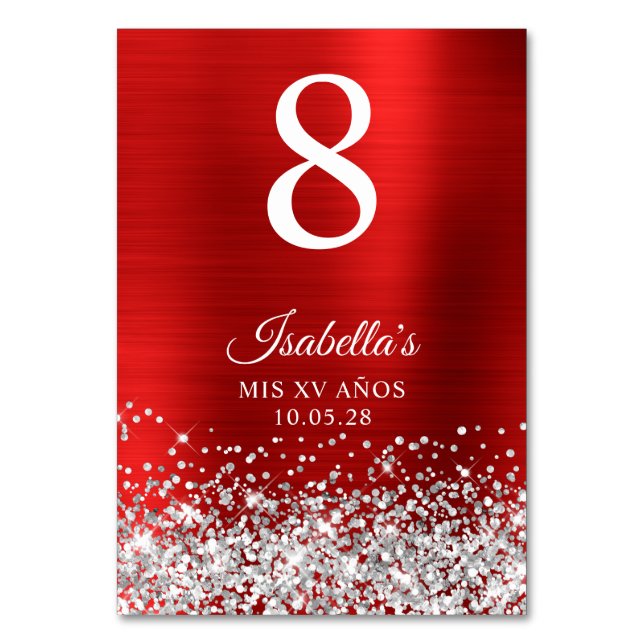 Tarjeta De Mesa Silver Glitter Red Foil Mis XV Anos (Anverso)