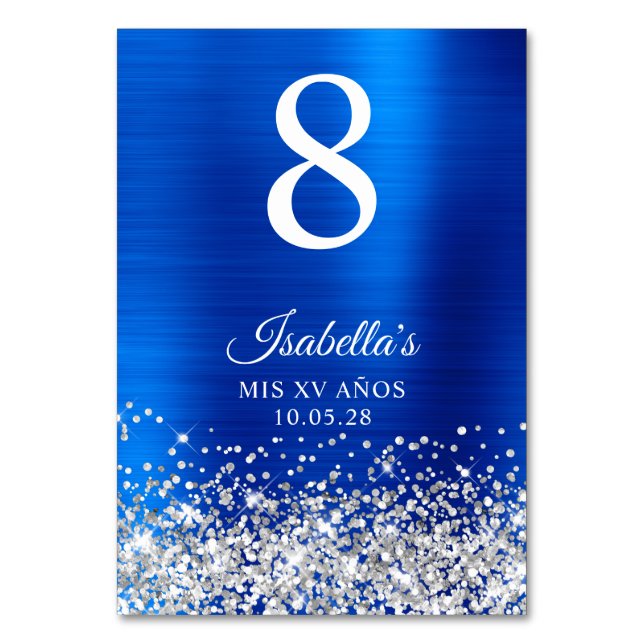 Tarjeta De Mesa Silver Glitter Royal Blue Foil Mis XV Anos (Anverso)
