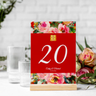 Tarjeta De Mesa Símbolo de doble felicidad de fondo de flor rosa