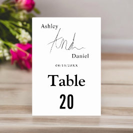 Tarjeta De Mesa Simple Caligrafía Blanca Y Negro Elegante Boda