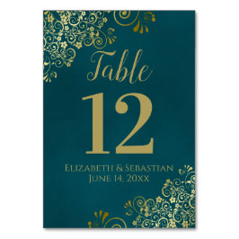 Tarjeta De Mesa Simple Dark Teal and Gold Elegant Frilly Wedding