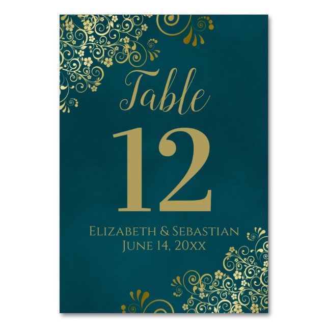 Tarjeta De Mesa Simple Dark Teal and Gold Elegant Frilly Wedding (Anverso)