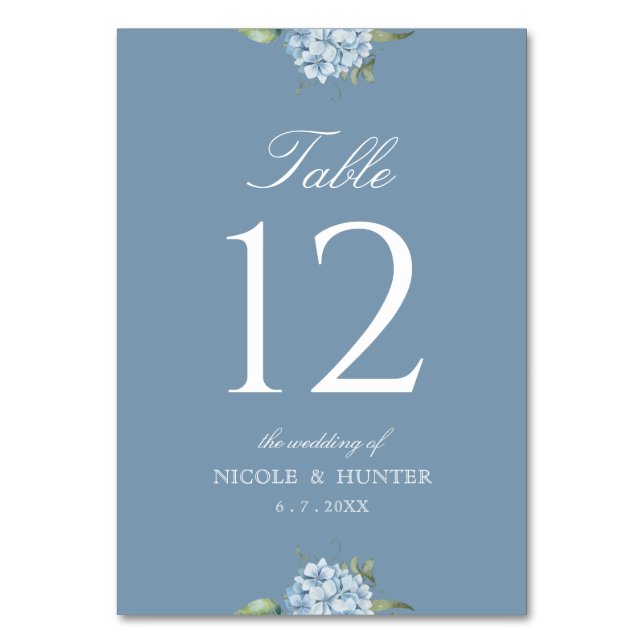 Tarjeta De Mesa Simple Dusty Blue Hydrangea Wedding Table Number (Anverso)