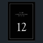 Tarjeta De Mesa Simple matrimonio elegante monograma negro<br><div class="desc">Número de tabla simple Boda con un diseño elegante e intemporal con su monograma de dos letras, nombres, fecha y número de tabla rodeados de un borde delgado. Todos los elementos de diseño están en blanco sobre un fondo negro y pueden cambiarse a cualquier color que desee en la herramienta...</div>