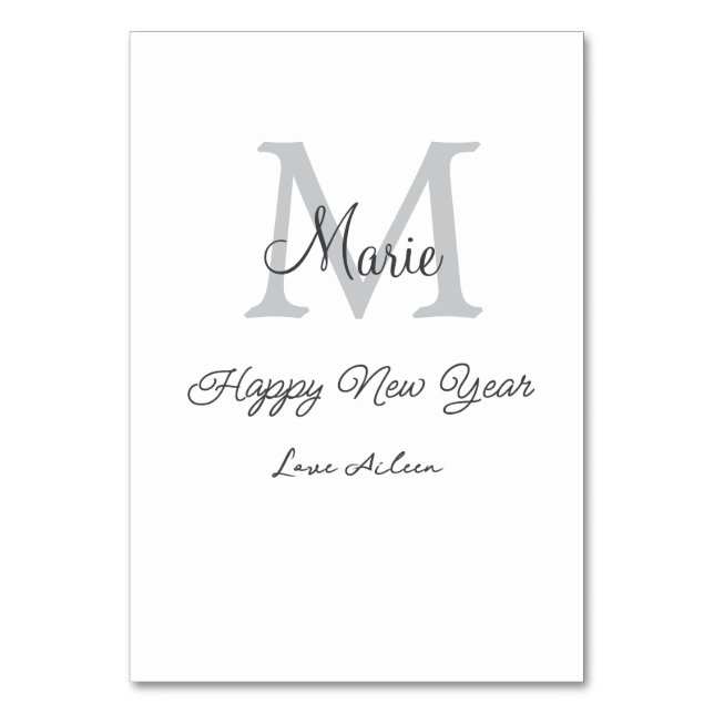 Tarjeta De Mesa simple minimal happy new year monogram gray name  (Anverso)