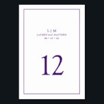 Tarjeta De Mesa Simple Monograma Púrpura Elegante Boda<br><div class="desc">Número de mesa de boda simple con un diseño elegante y atemporal con su monograma de dos letras, nombres, fecha y número de mesa rodeados de un borde delgado. Todos los elementos del diseño son de color púrpura real sobre un fondo blanco y pueden cambiarse a cualquier color que desee...</div>